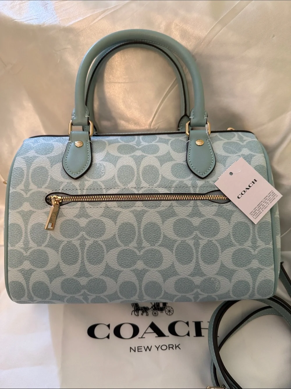🩵Coach NWT Light Blue Signature C Canvas Rowan Satchel with Gold Hardware